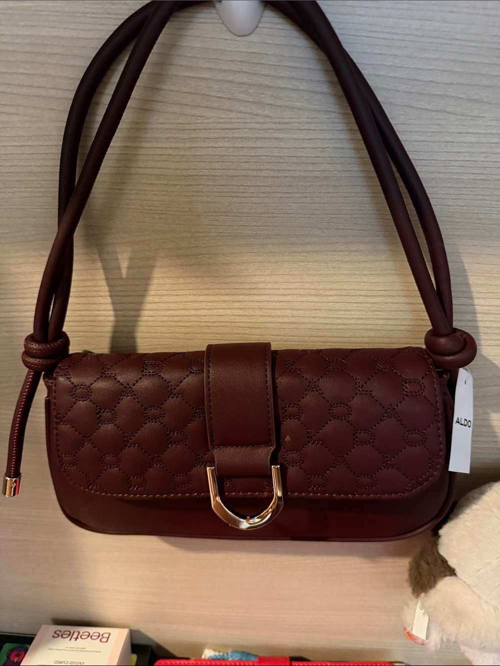 Aldo Quilted Wine Shoulder Bag with Gold Hardware